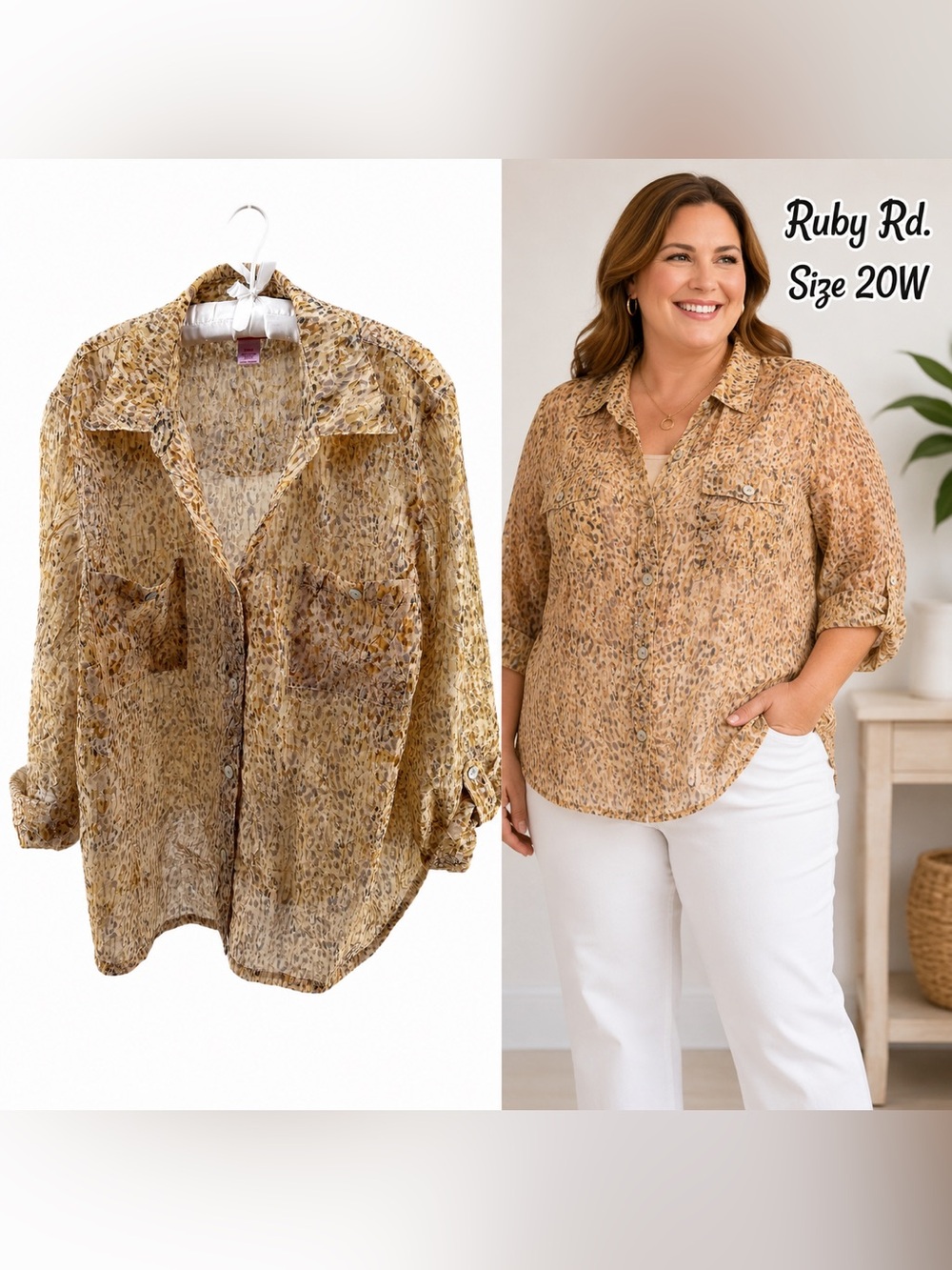 Ruby Rd. Woman Size 20W Animal Print Sheer Blouse Button Front Roll Tab Sleeve
